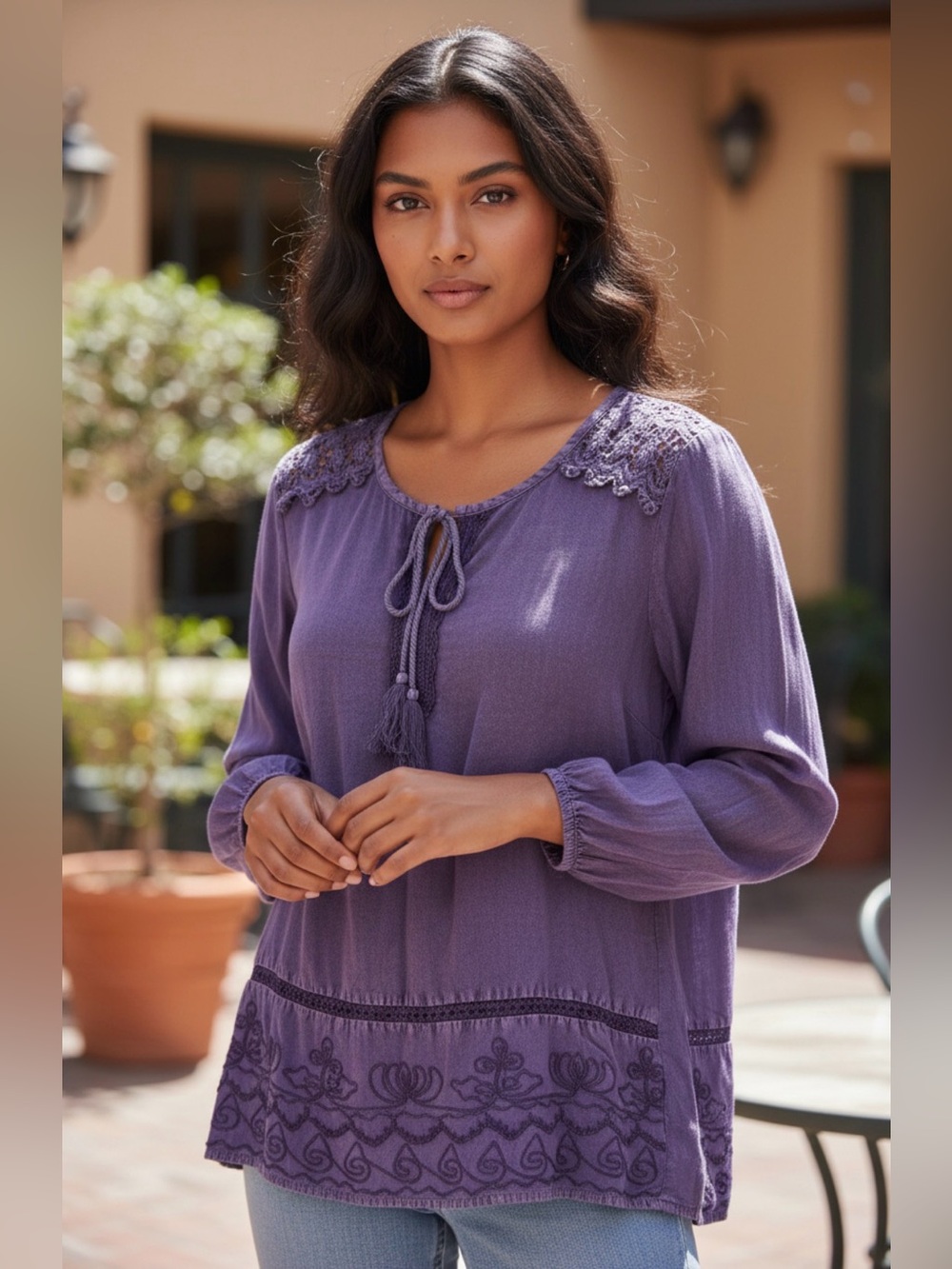 Studio Works Women's Small Purple Bohemian Tunic Top Crochet Tassels Y2K Style